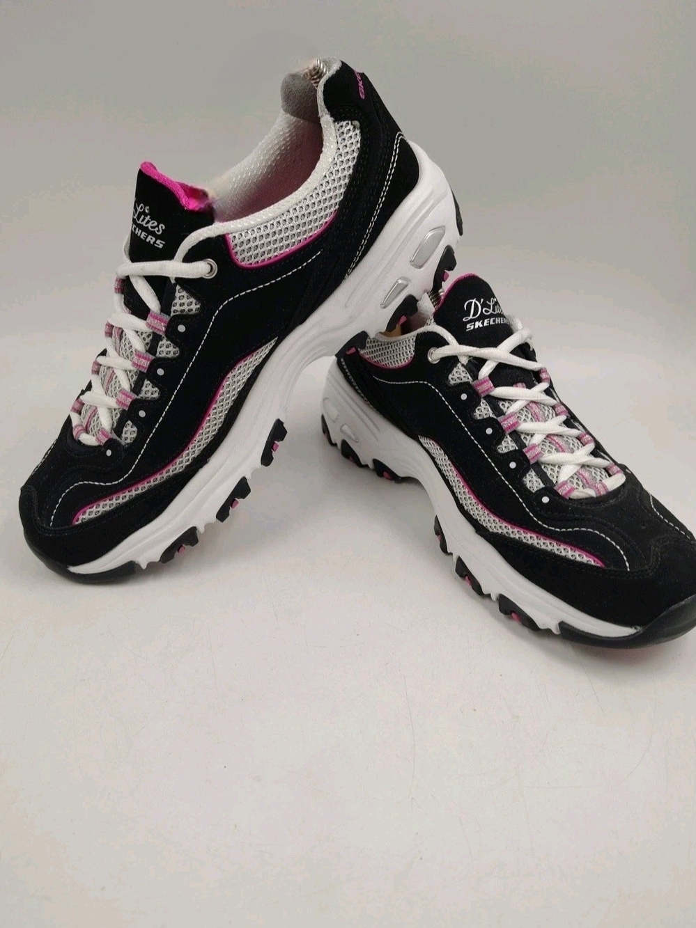 Skechers Women's D'Lites Life Saver Sneakers in black, white, and pink.